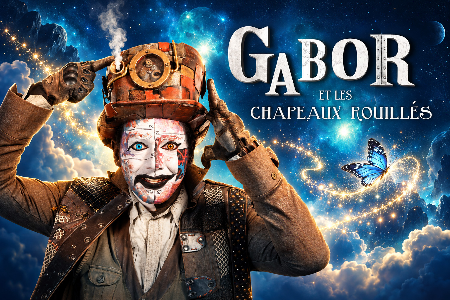Gabor et les chapeaux rouillés, spectacle musical fantastique et familial. Gabor, personnage steampunk au chapeau mécanique, apparaît dans un univers féerique de nuages, d’étoiles et de lumière magique.