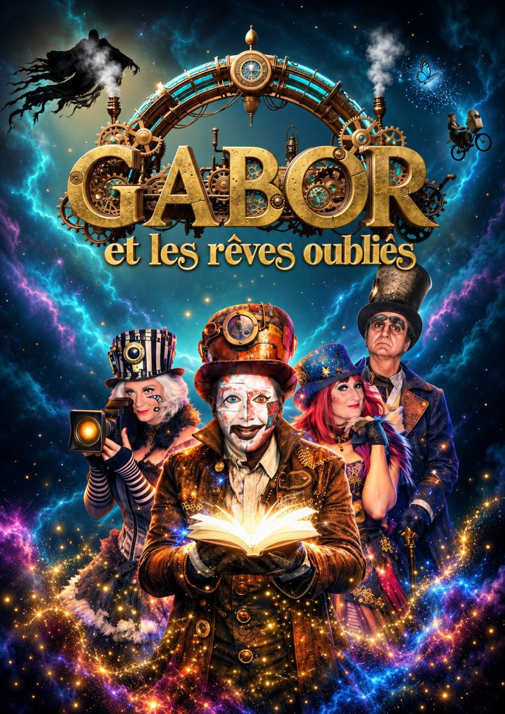 Affiche du spectacle musical fantastique et familial « Gabor et les rêves oubliés ». Gabor et ses compagnons entourent un livre magique lumineux dans un univers steampunk, poétique et féerique.