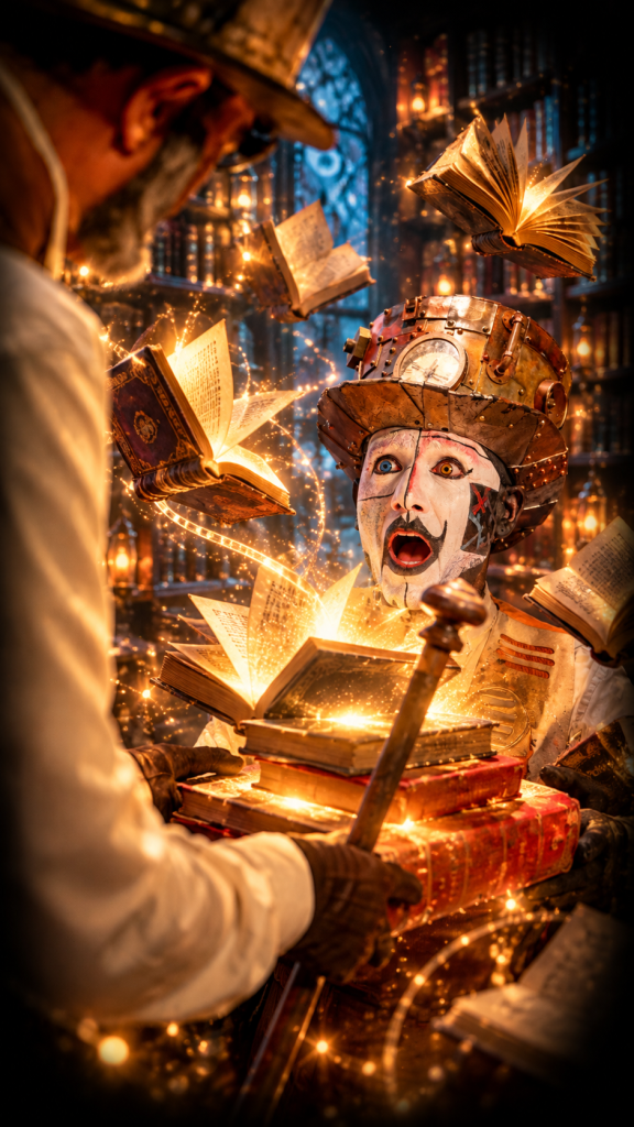 Gabor découvre avec émerveillement des livres anciens qui s'ouvrent et s'envolent dans une bibliothèque fantastique, entourés de lumières et de poussières dorées.