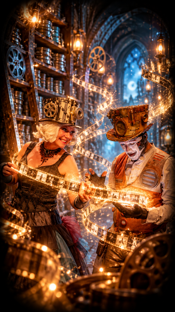 Gabor et Miss Bobine découvrent une pellicule de cinéma lumineuse dans une bibliothèque fantastique, entourés de bobines anciennes et d'étincelles dorées.
