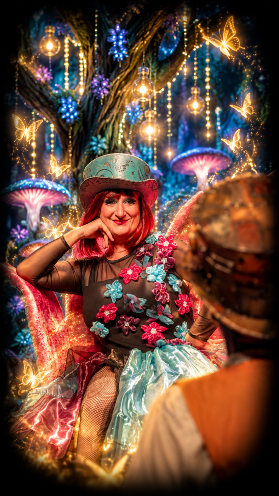 Miss Labougeotte, coiffée d’un chapeau turquoise et vêtue d’une robe fleurie, dans un univers fantastique aux lumières bleues et aux papillons dorés, face à Gabor.