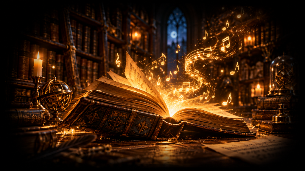 Un livre ancien ouvert dans une bibliothèque mystérieuse laisse s'envoler des notes de musique dorées et lumineuses, évoquant l'univers fantastique et musical des spectacles de Gabor.